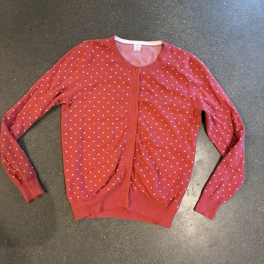 Giordano Women's Large Red Cardigan Polka Dots Button Cotton Crewneck
